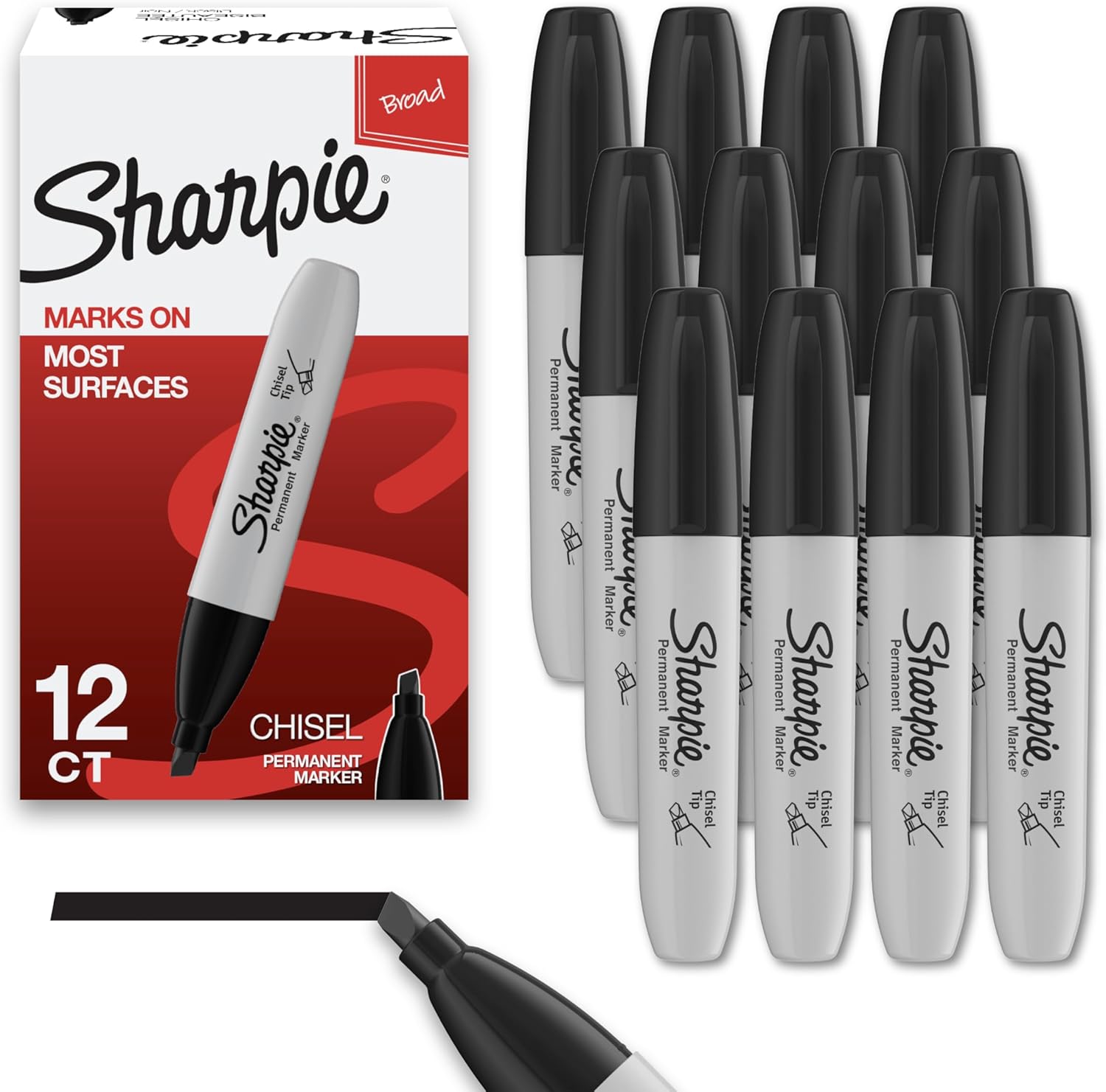 Sharpie Permanent Markers, Chisel Tip, Black, 12 Count